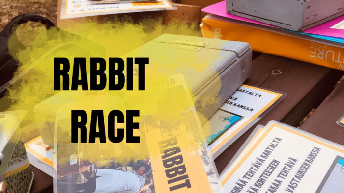 The words "RABBIT RACE" are superimposed over game cards and a small grey box sitting on a wooden surface.
