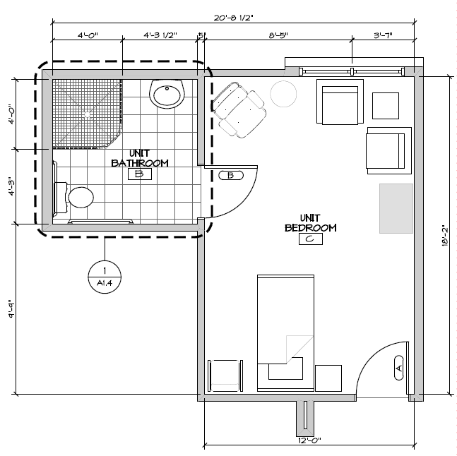 A black and white floor plan of a bedroom and bathroom.