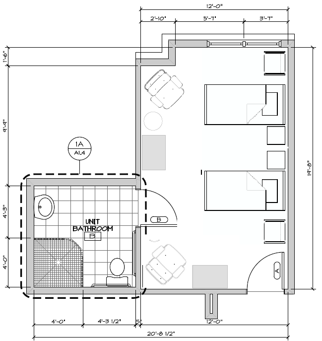A black and white floor plan of a bedroom with two beds and a bathroom.
