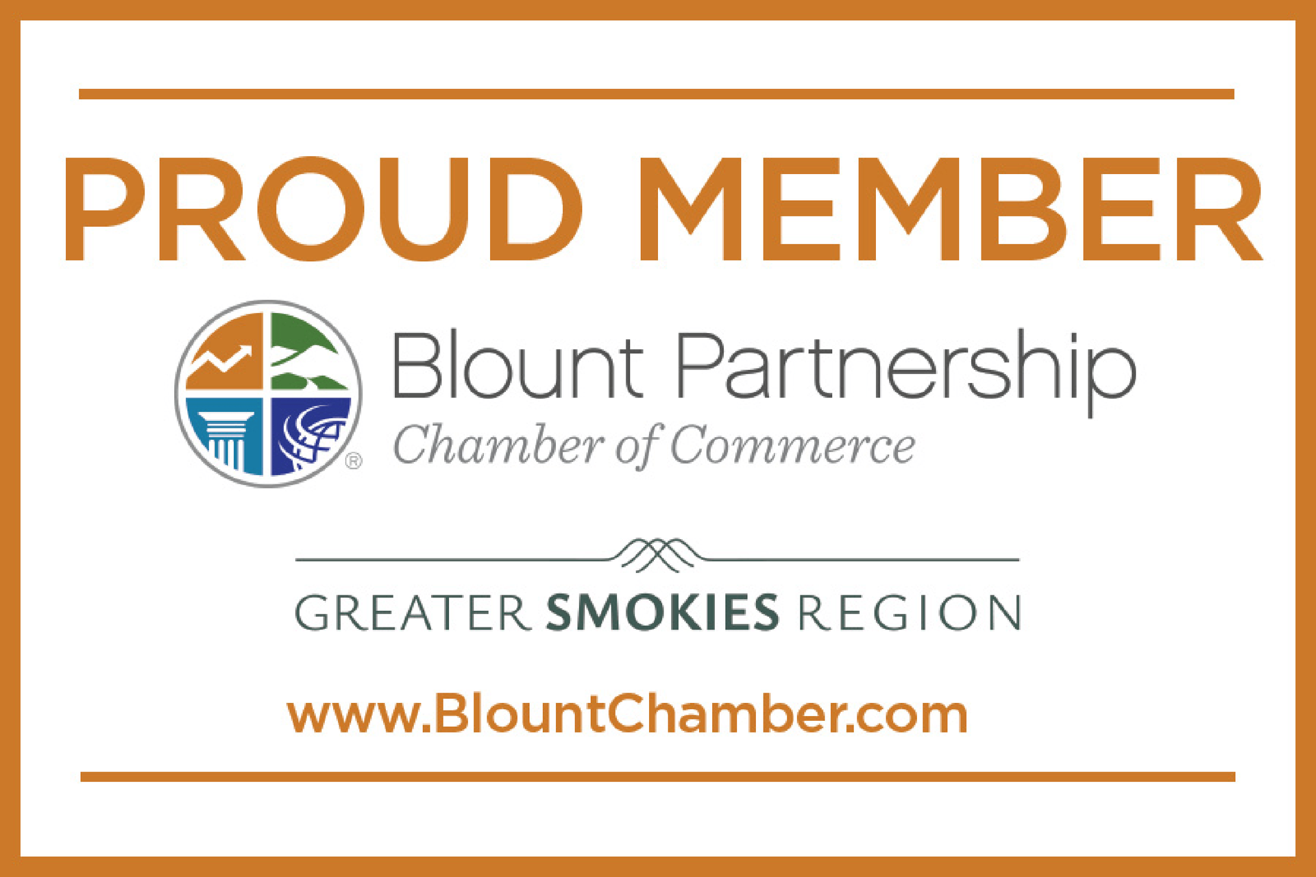 Proud Member logo for Blount Partnership Chamber of Commerce, Greater Smokies Region, in orange and gray.