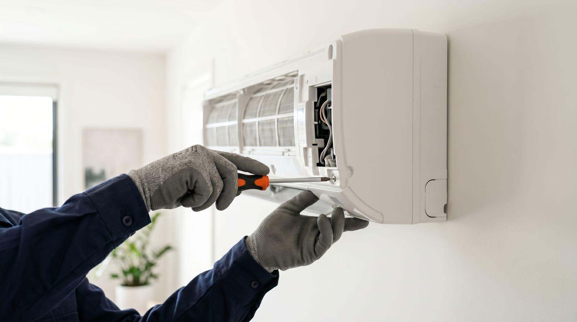 Technician repairing air conditioner.