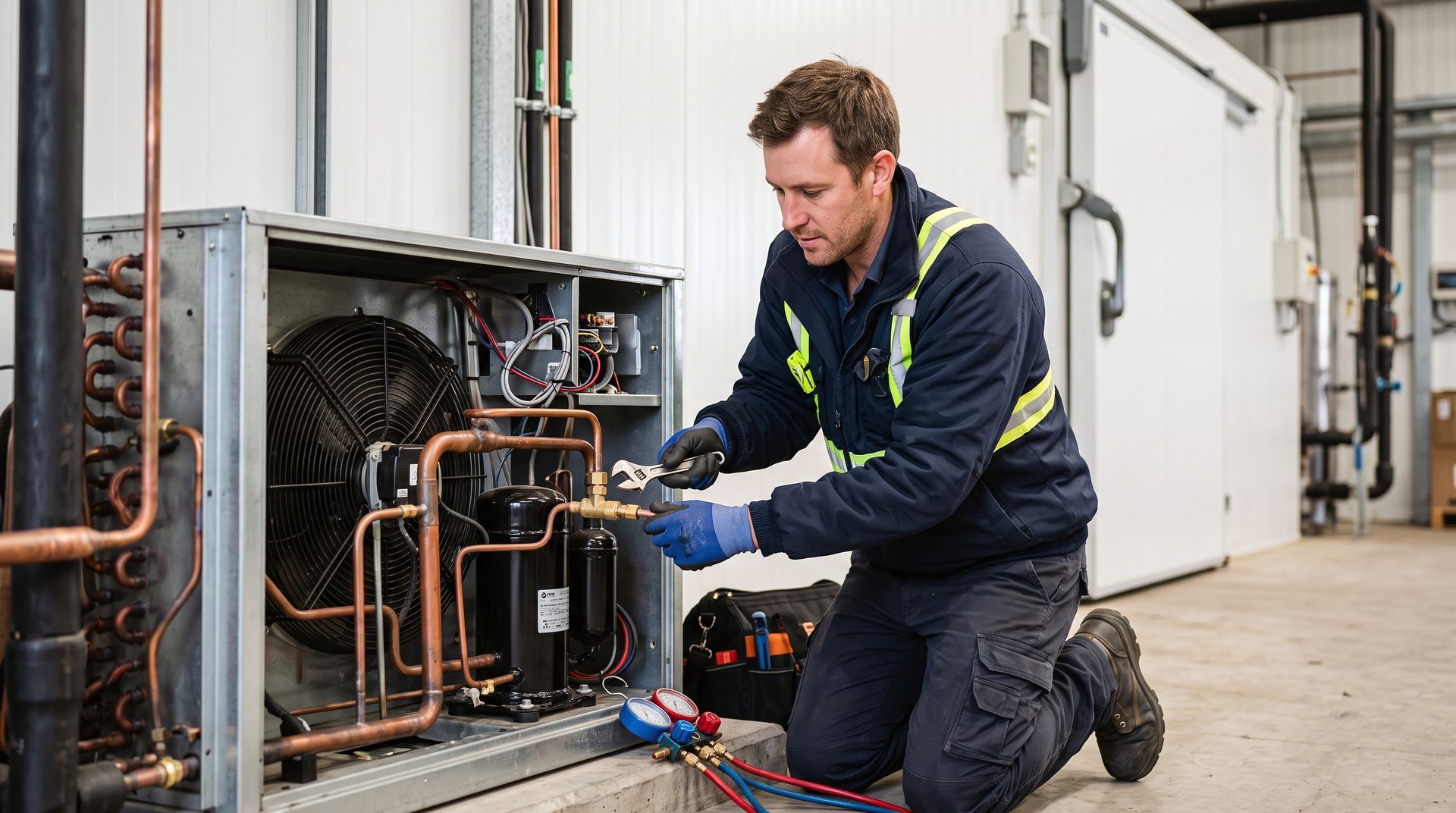 Technician performing HVAC repair.
