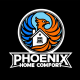 Phoenix Home Comfort logo with blue-orange phoenix circling a house icon on black background