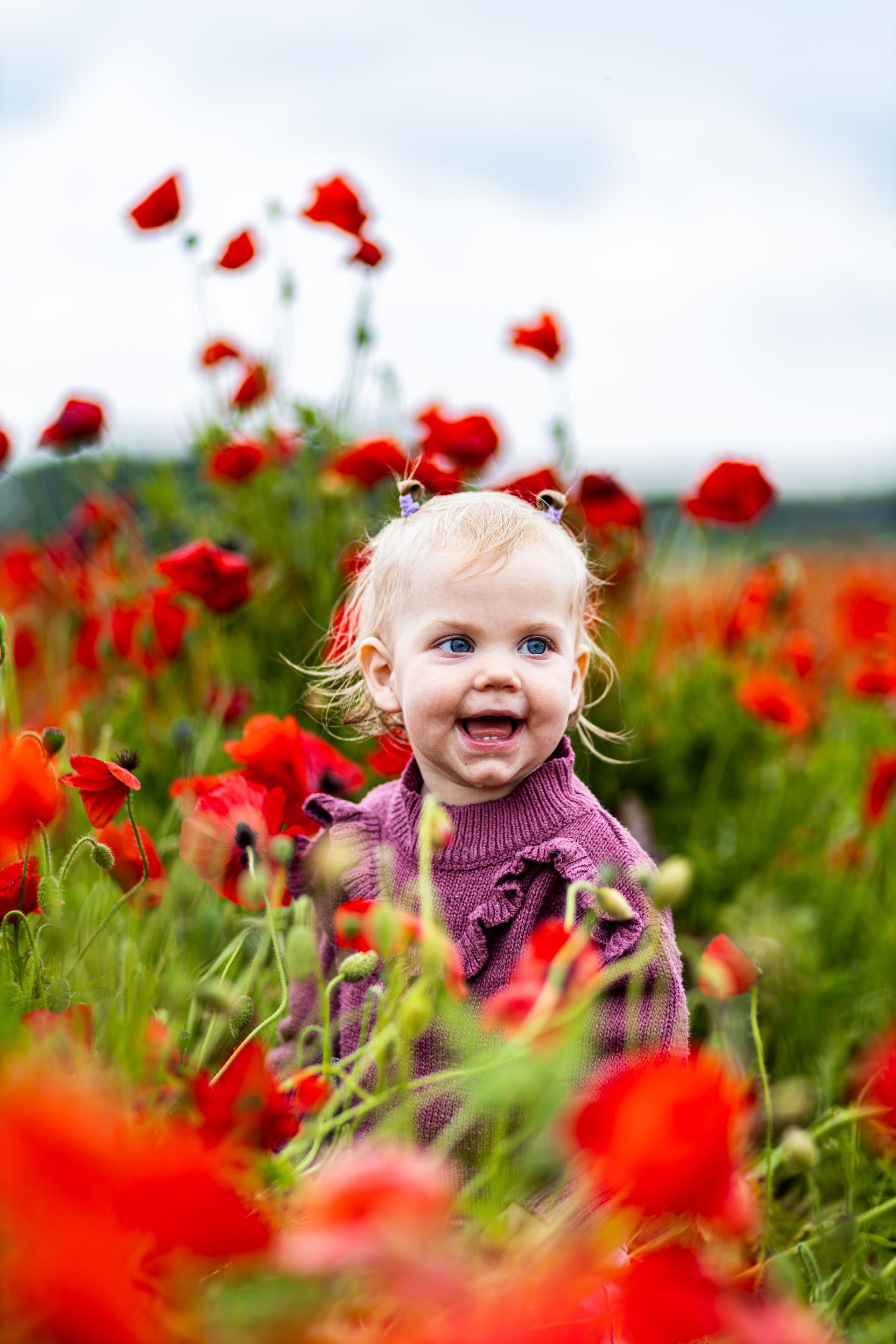 Lachend kind tussen rode klaprozen in een veld. Kinderfotograaf Hellevoetsluis. Kinderfotografie Hellevoetsluis.