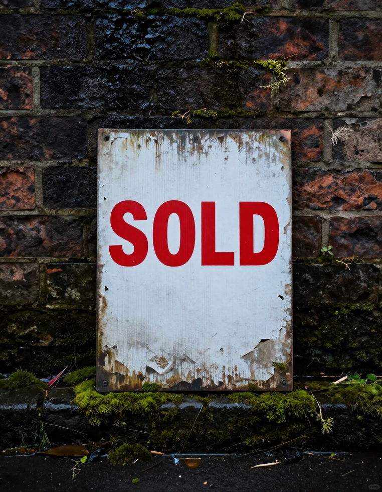 A worn SOLD board against a damp brick wall