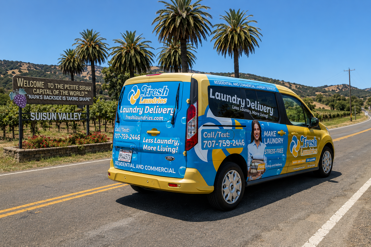 Fresh Laundries laundry delivery van in Suisun Valley, Solano County, California