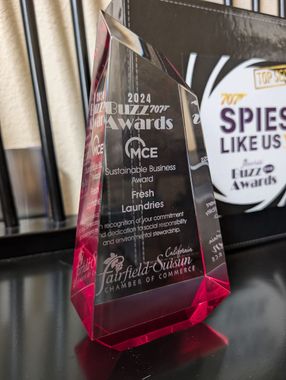 MCE Sustainable Business Award trophy presented to Fresh Laundries in 2024
