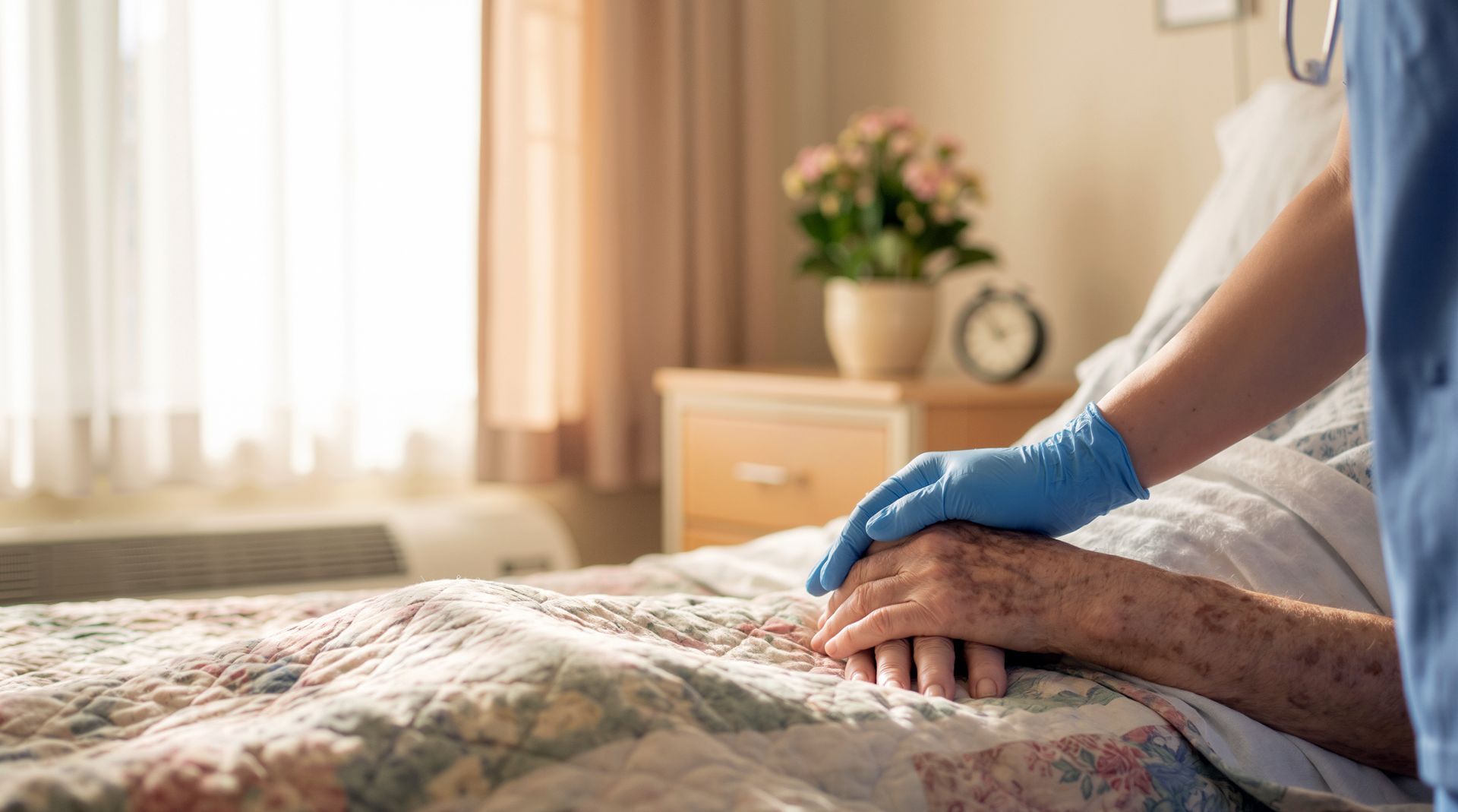 A medical professional wearing blue gloves holds the hand of an elderly patient. A medical professional wearing blue gloves holds the hand of an elderly patient.