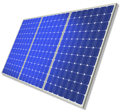 Three blue solar panels on a white background