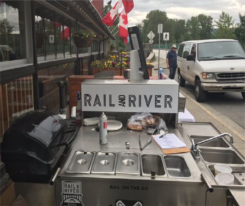 A white van is parked next to a rail river sign