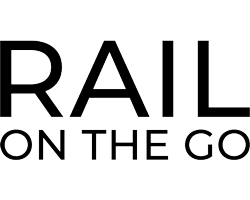 A black and white logo for rail on the go.