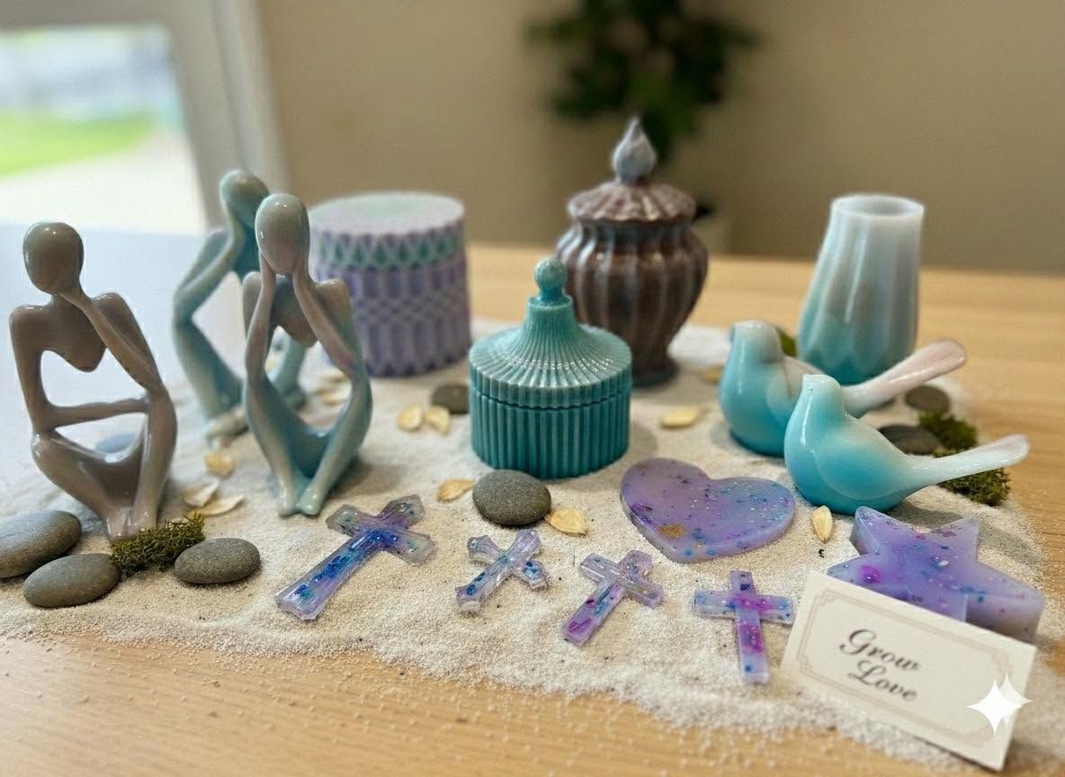 Assorted turquoise and lavender decorative candles, stones, and sea-themed trinkets on a sandy tabletop.