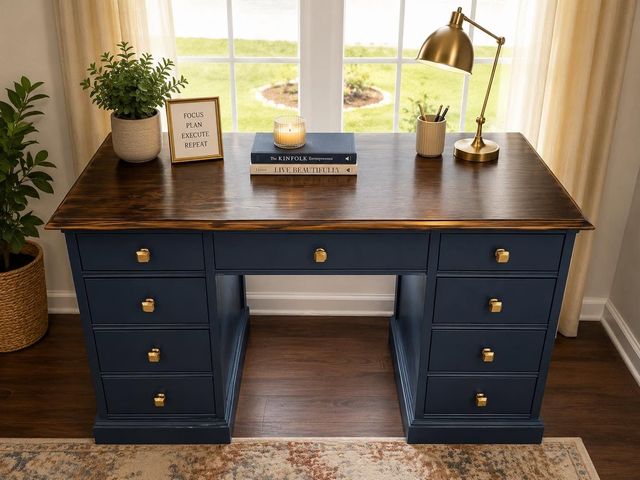 Navy desk with six drawers, dark wood top, books, plant, framed art, and brass lamp by a sunlit window.