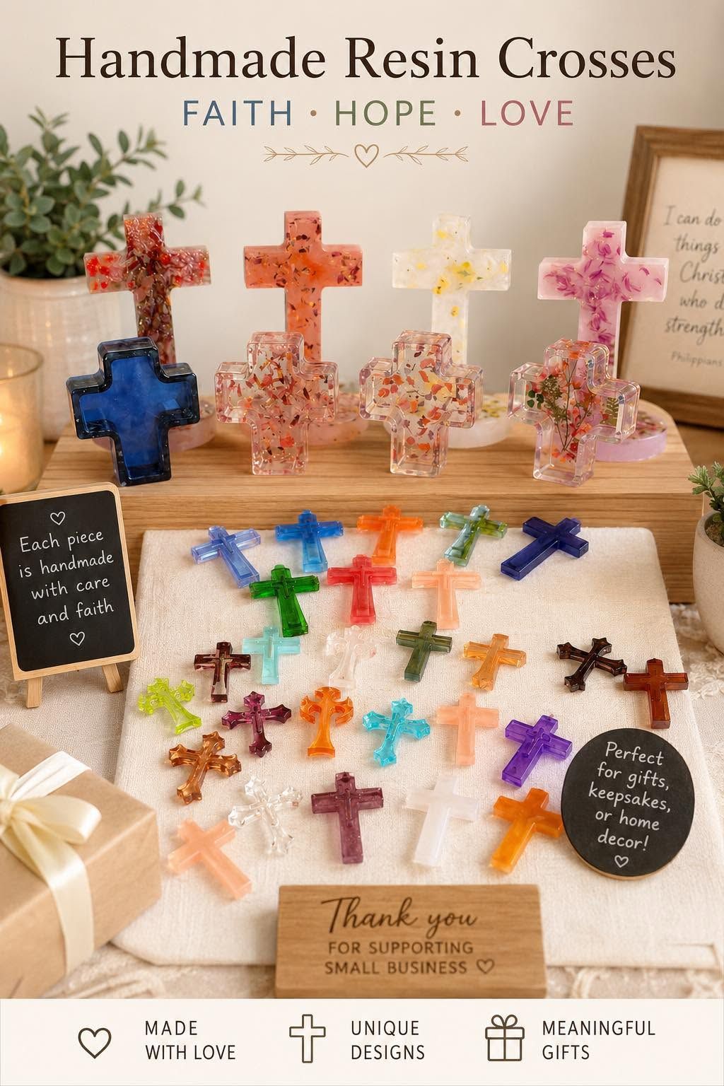 Handmade resin cross ornaments in blue, orange, white, pink, and multicolor on a rustic display table