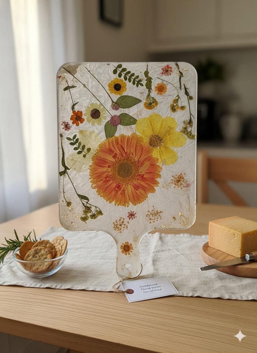 Floral decorative sign on a table with a small plant and a yellow cube candle nearby.