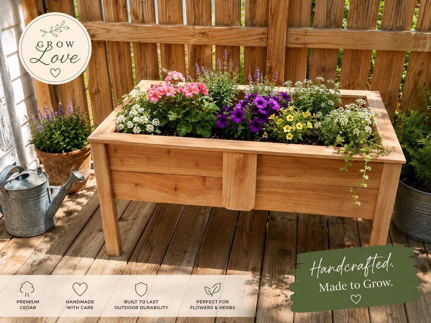 Wooden planter box with pink and purple flowers on a wooden deck near a fence