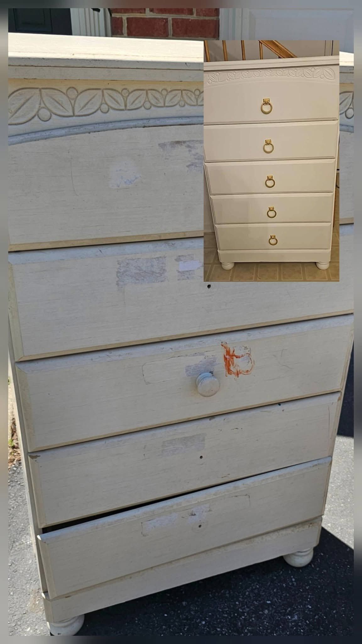 White wooden dresser with five drawers and a small inset image of a matching chest of drawers.