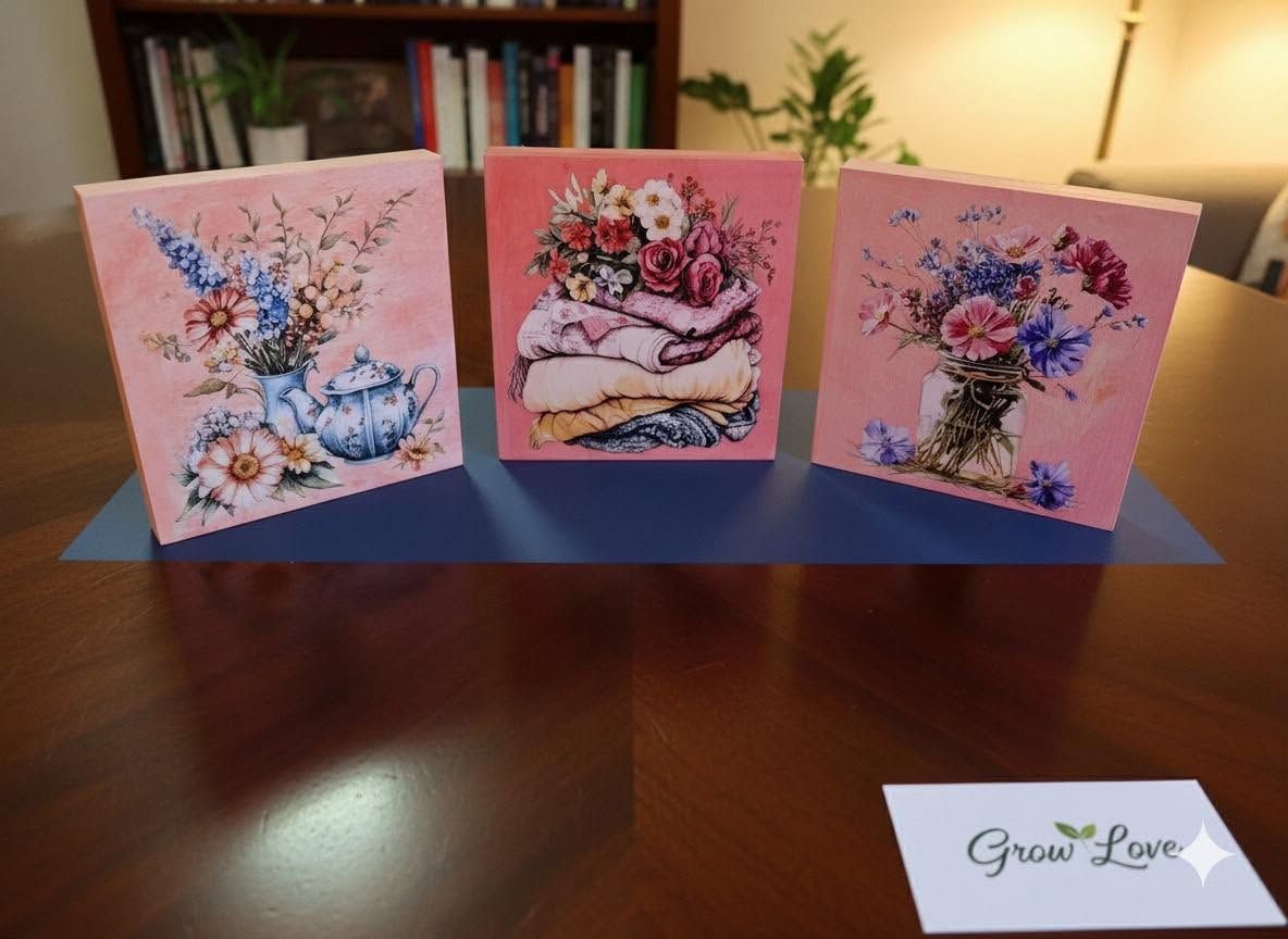 Three pink greeting cards with floral designs on a table, displayed in a row outdoors.