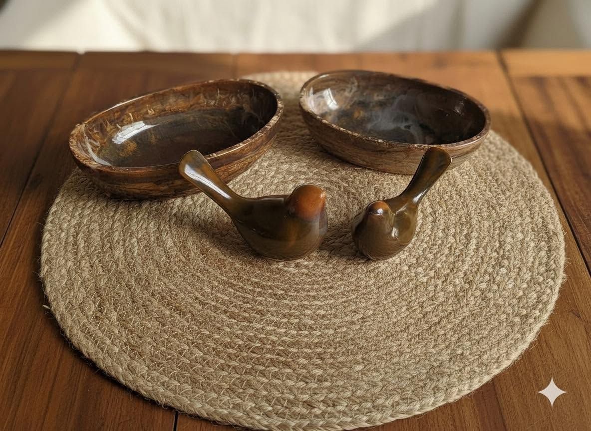 Two wooden bowls and two ladles on a woven placemat on a wooden table