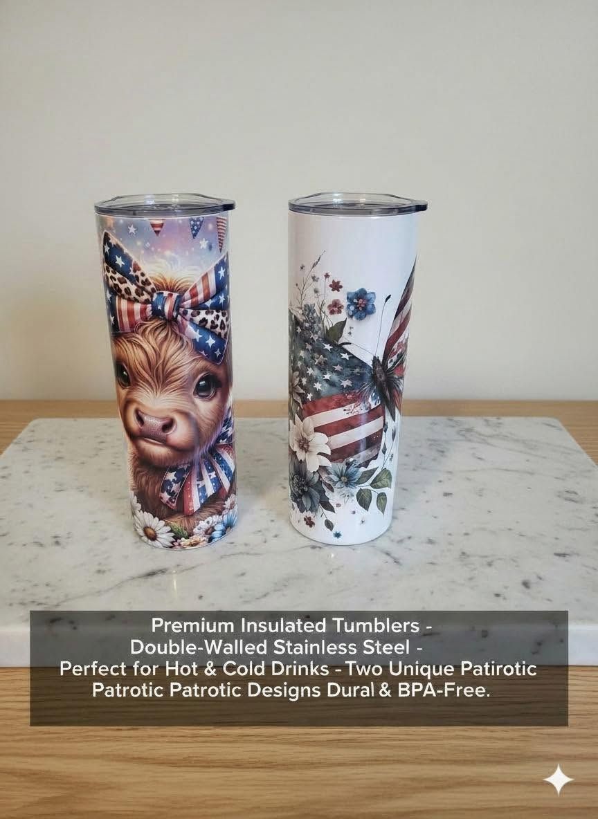 Two glittery stainless tumblers with patriotic fox and US flag designs on a marble table.