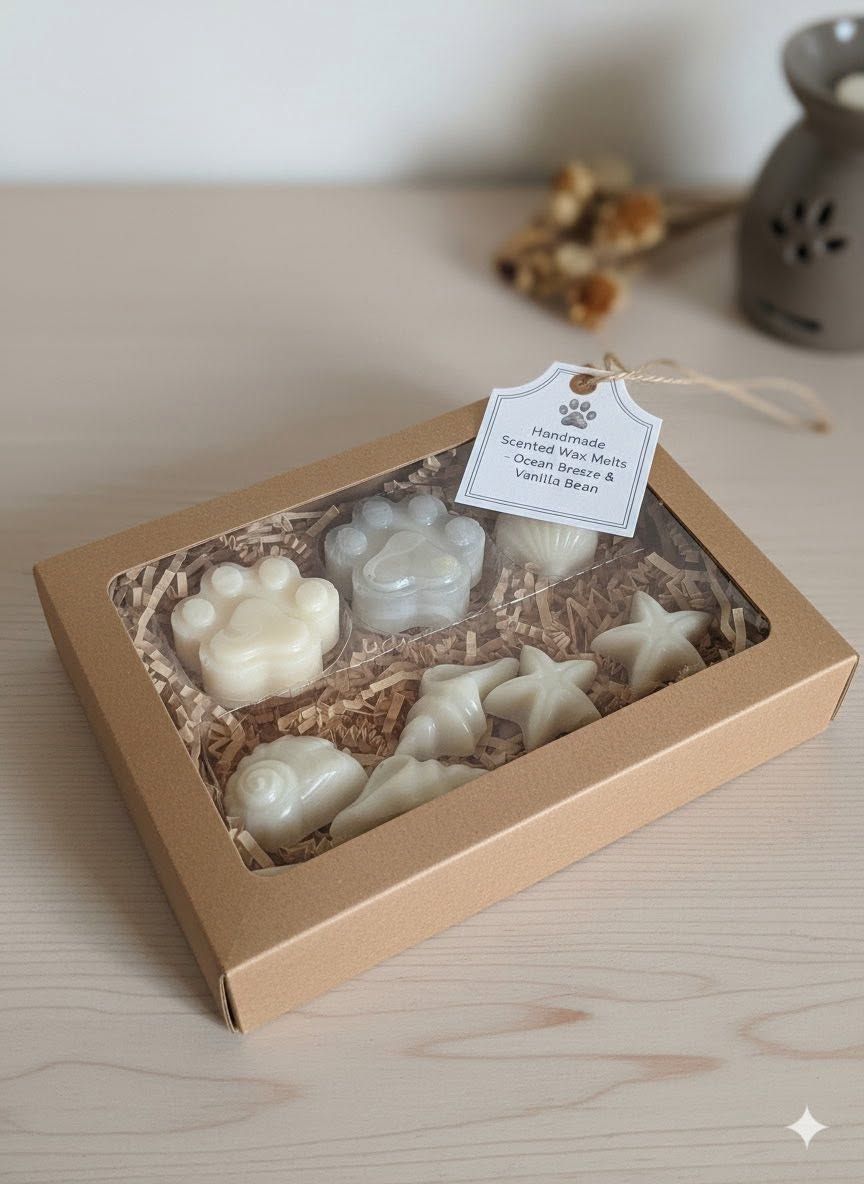 Gift box with white and beige star-shaped soaps or candles tied with a tag on a tabletop