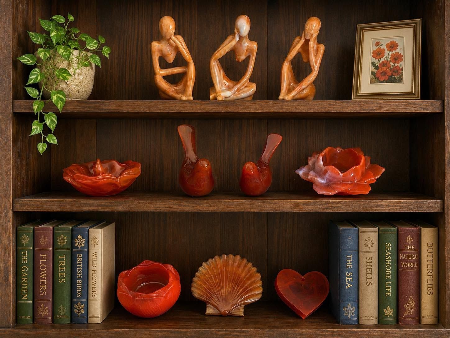 Wooden shelf with decorative sculptures, bowls, books, and a framed floral print