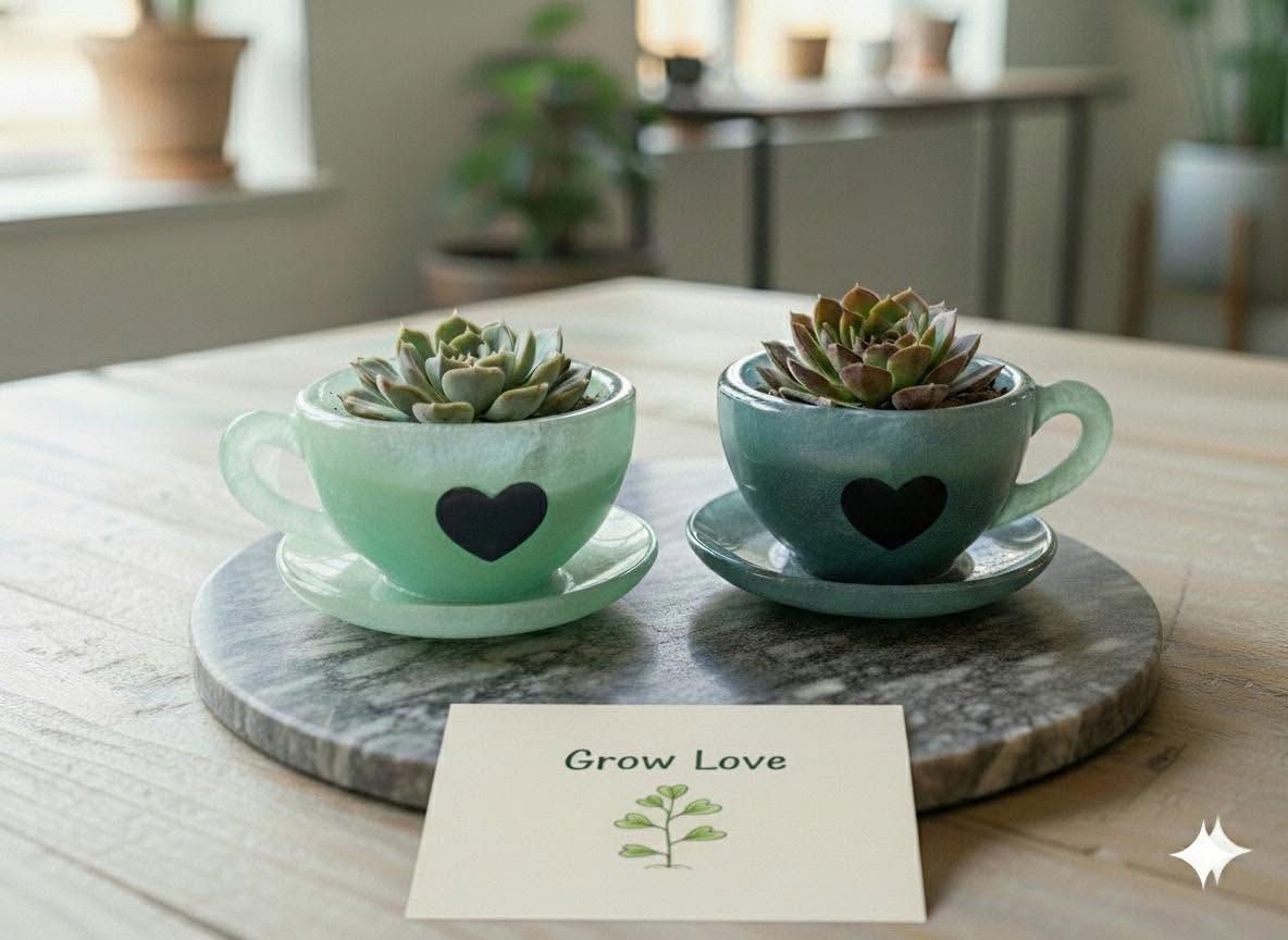 Two pastel succulent cups on a marble tray with a “Grow Love” card