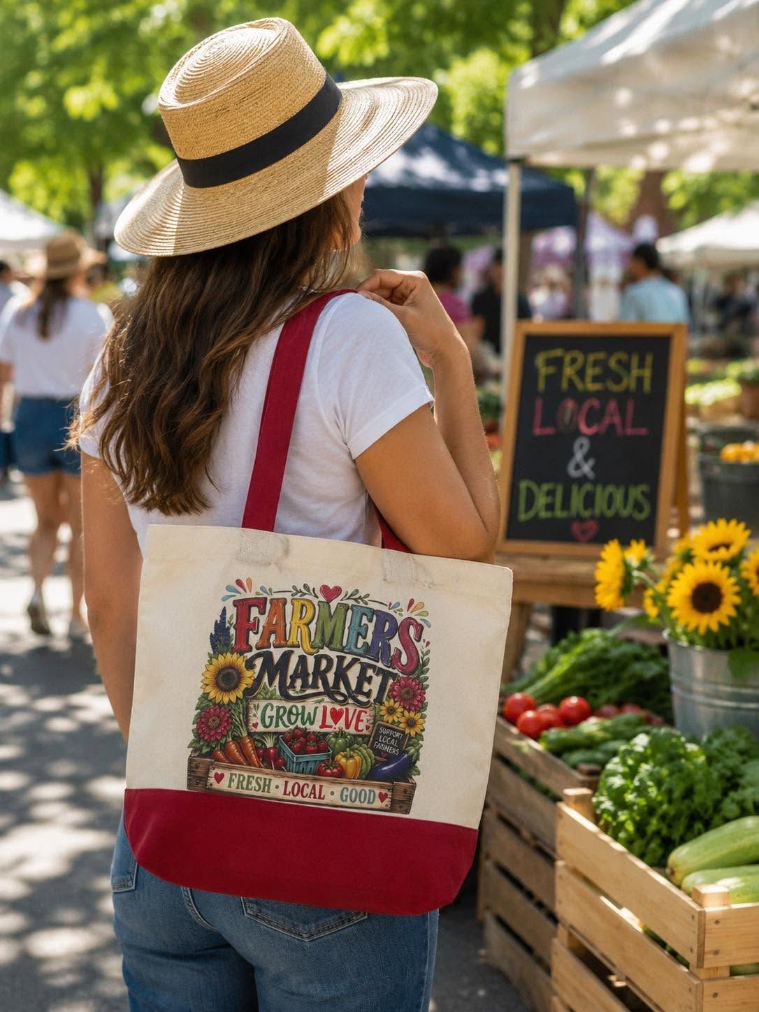 Shopper with straw hat and tote bag browsing fresh local produce at an outdoor market