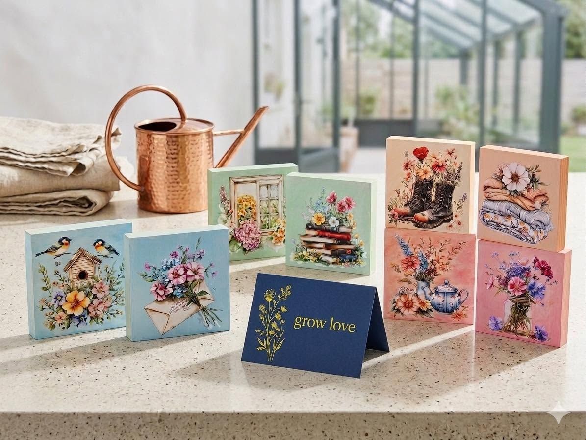 Assorted colorful illustrated greeting cards displayed on a countertop beside a copper watering can.