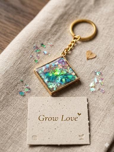 Gold keychain with glittery resin charm and “Grow Love” card on beige fabric with scattered sparkles