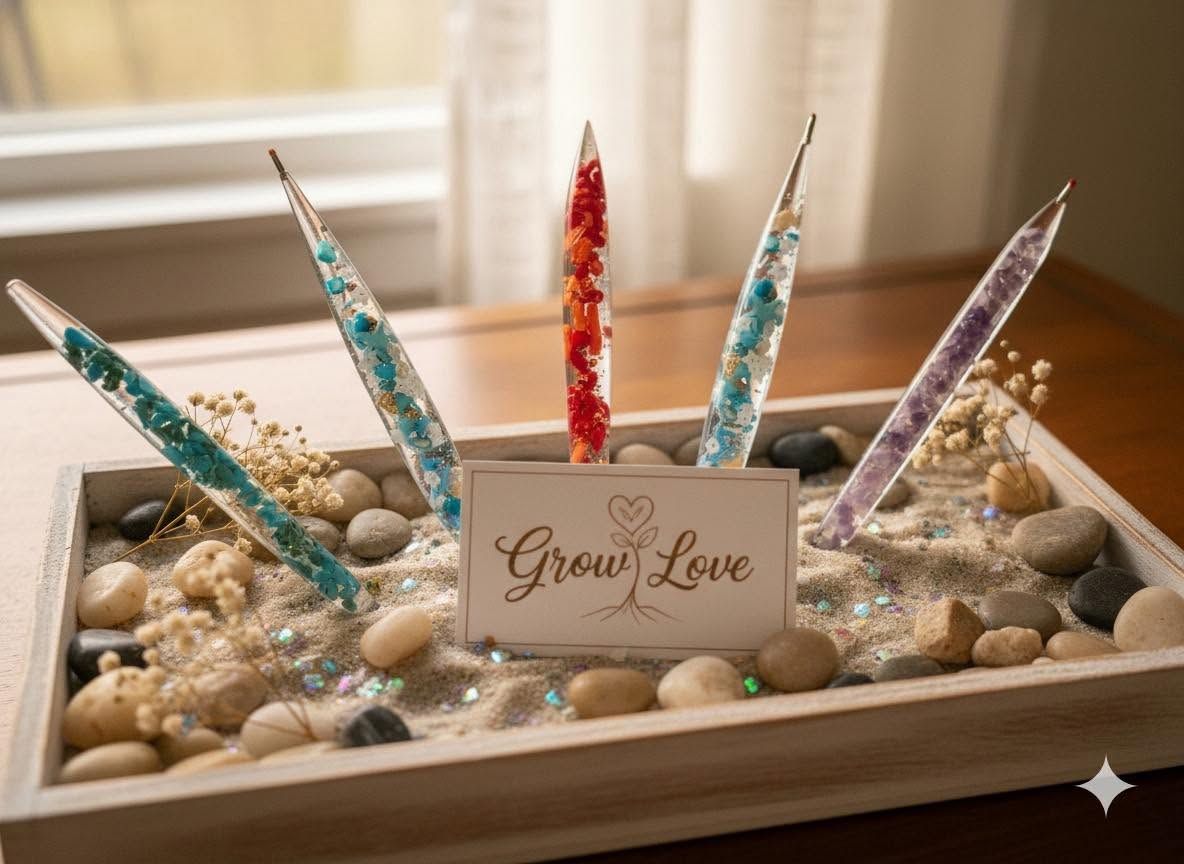 Decorative tray of colorful crystal-dipped sticks with a “Grow Love” sign and pebbles