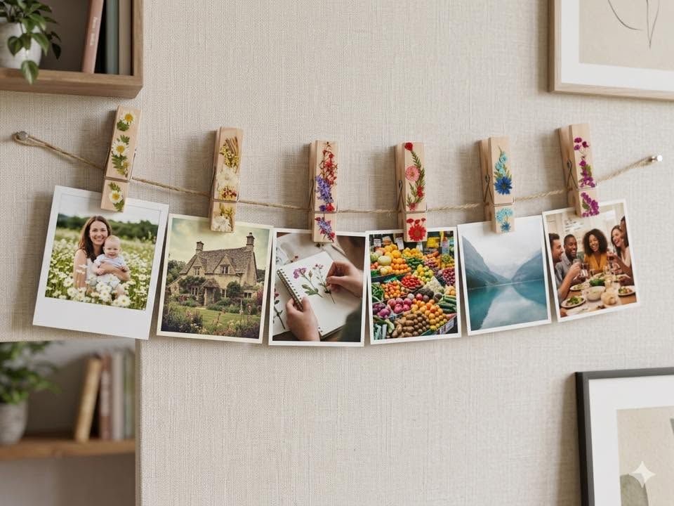 Photo collage clips on a wall with string, showing travel and family snapshots alongside a beach print.