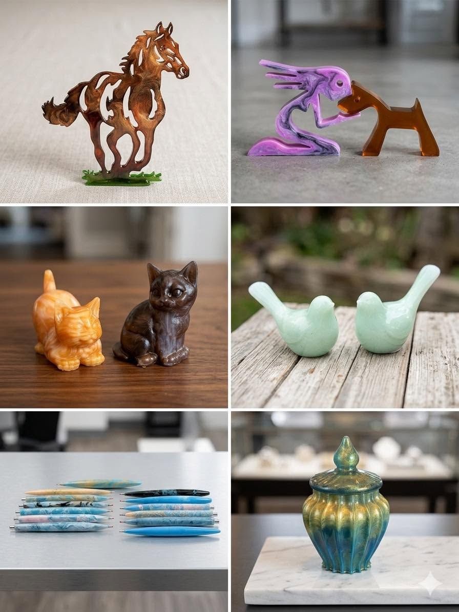 Six small handcrafted clay animal figurines and a jar arranged in a 2x3 collage on wooden surfaces
