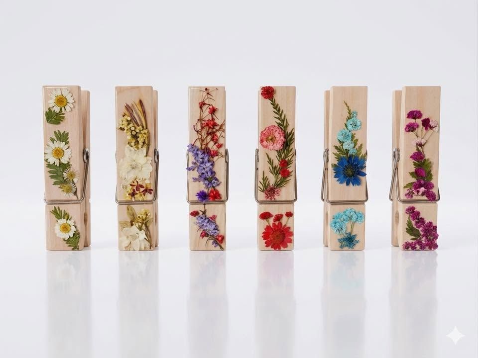 Six painted wooden blocks with floral patterns in assorted colors arranged in a row
