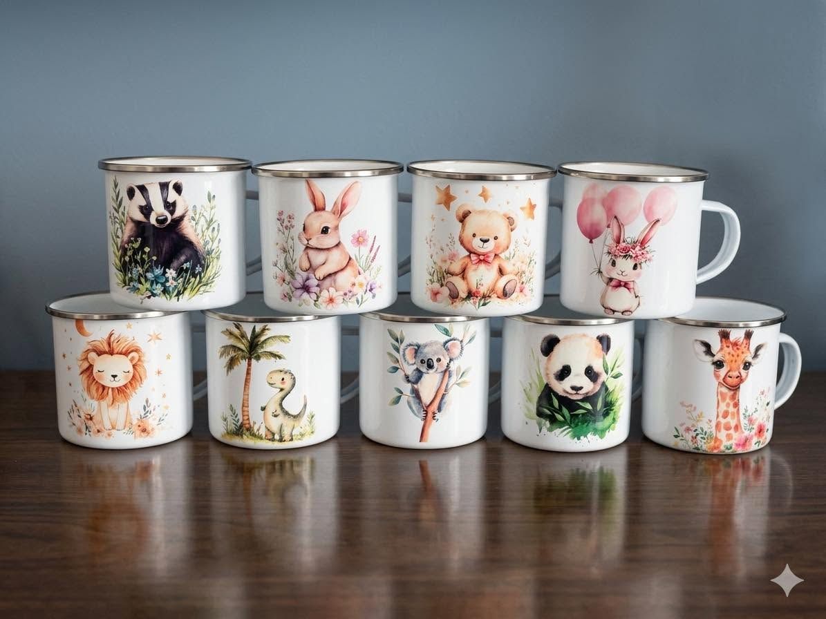 Colorful animal-illustrated mugs arranged in two rows on a wooden surface