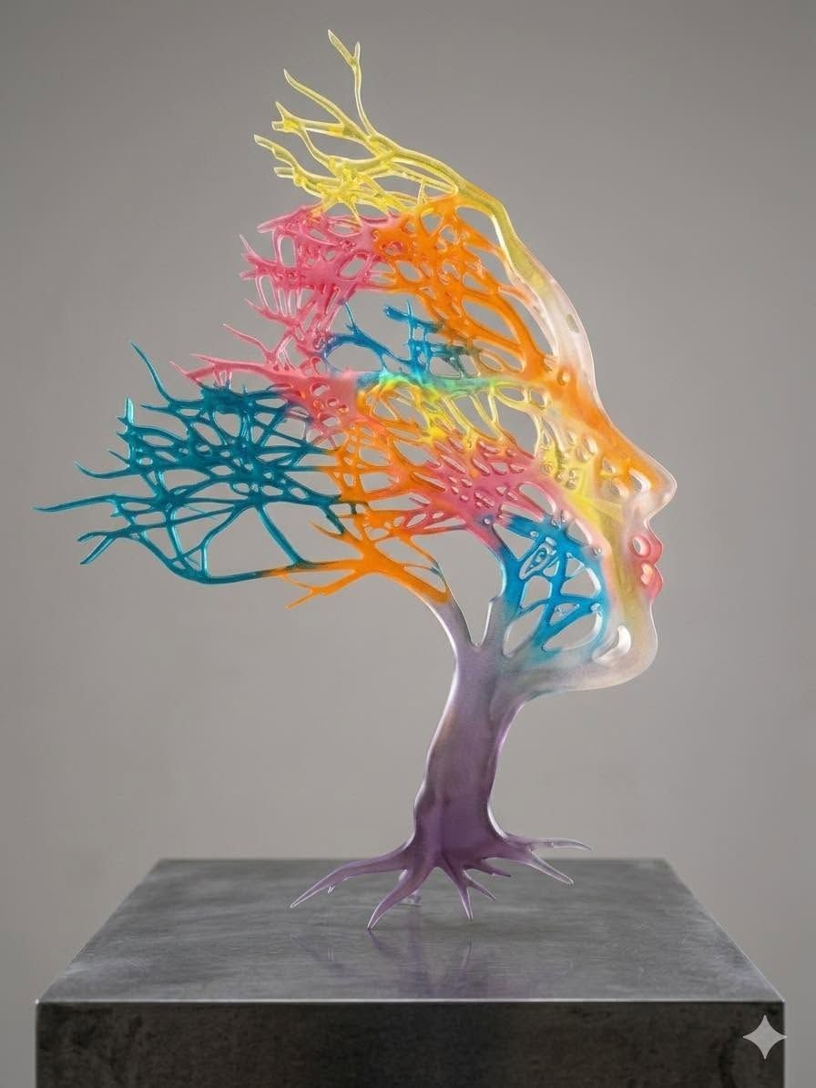 Colorful branching glass sculpture resembling a human head on a gray pedestal, against a gray background
