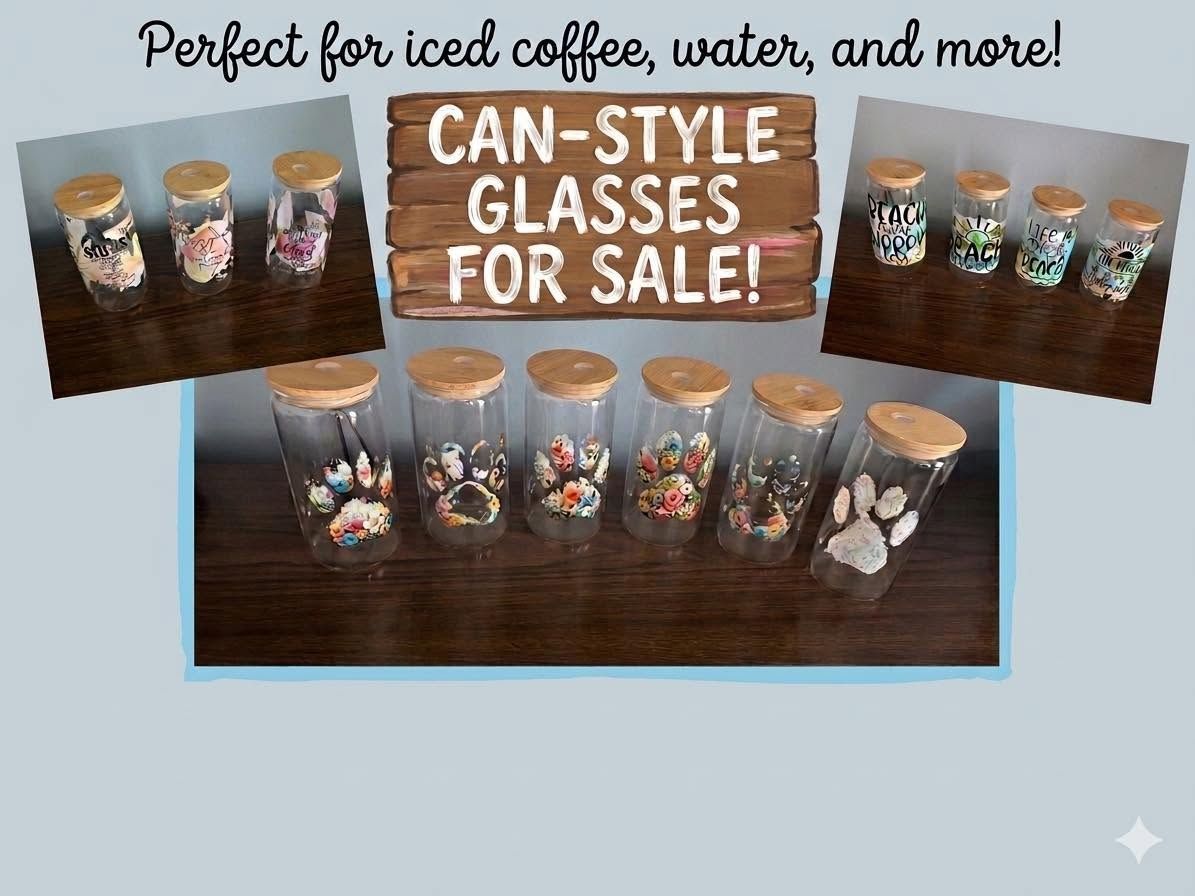 Can-style glasses for sale, with iced coffee and water designs displayed on a wooden table.