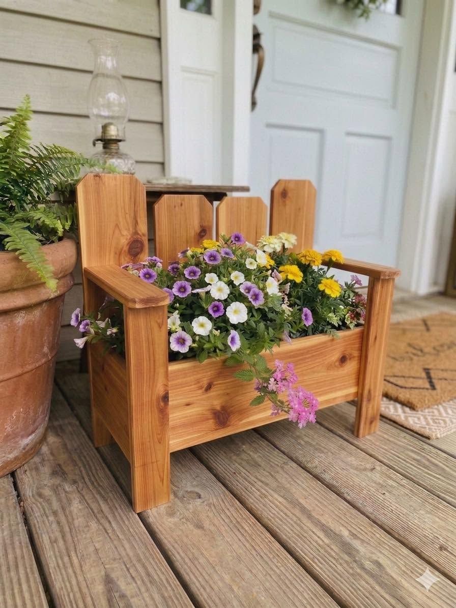 Wooden planter bench with colorful flowers on a porch beside a potted fern and white door