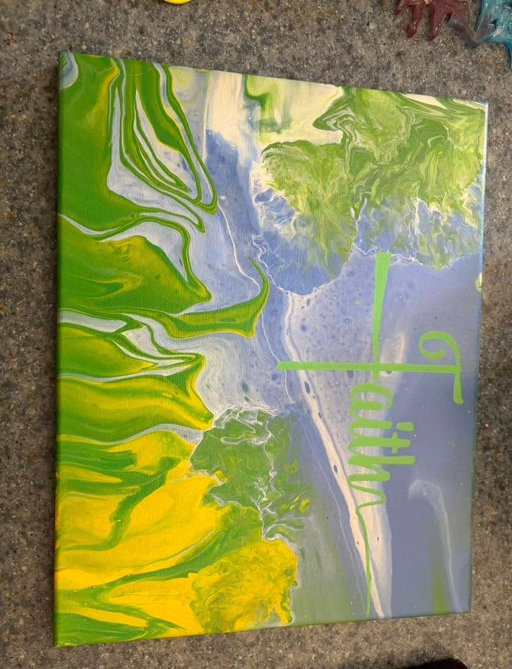 Abstract green, yellow, and blue painting with fluid swirls and a neon green signature.