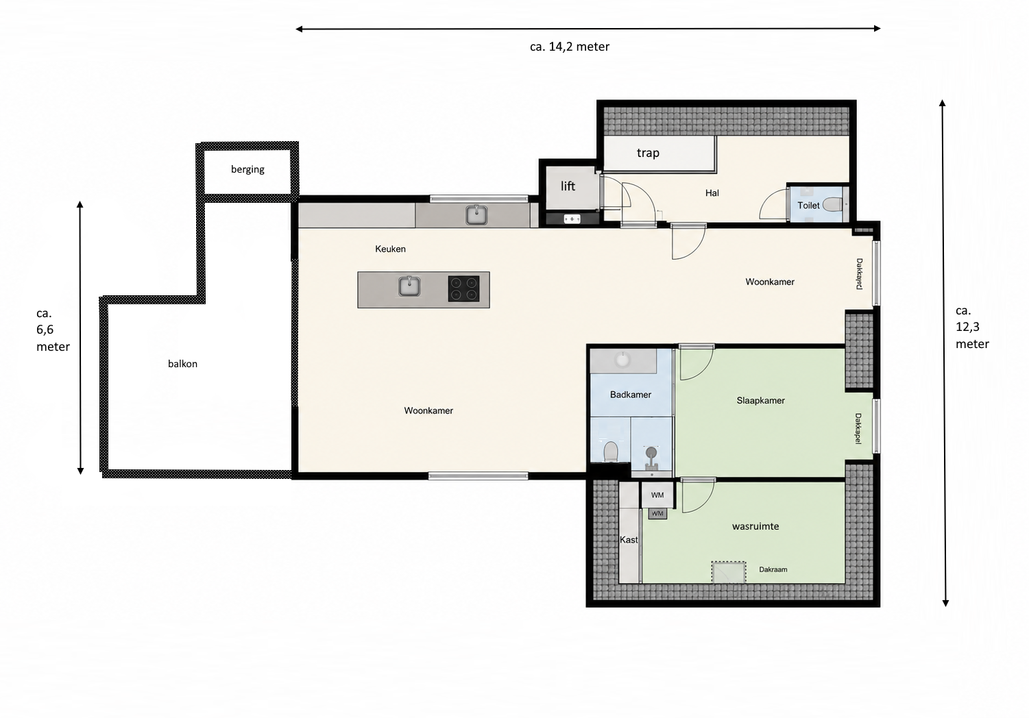Plattegrond appartement (excl. bergruimte benedenverdieping).