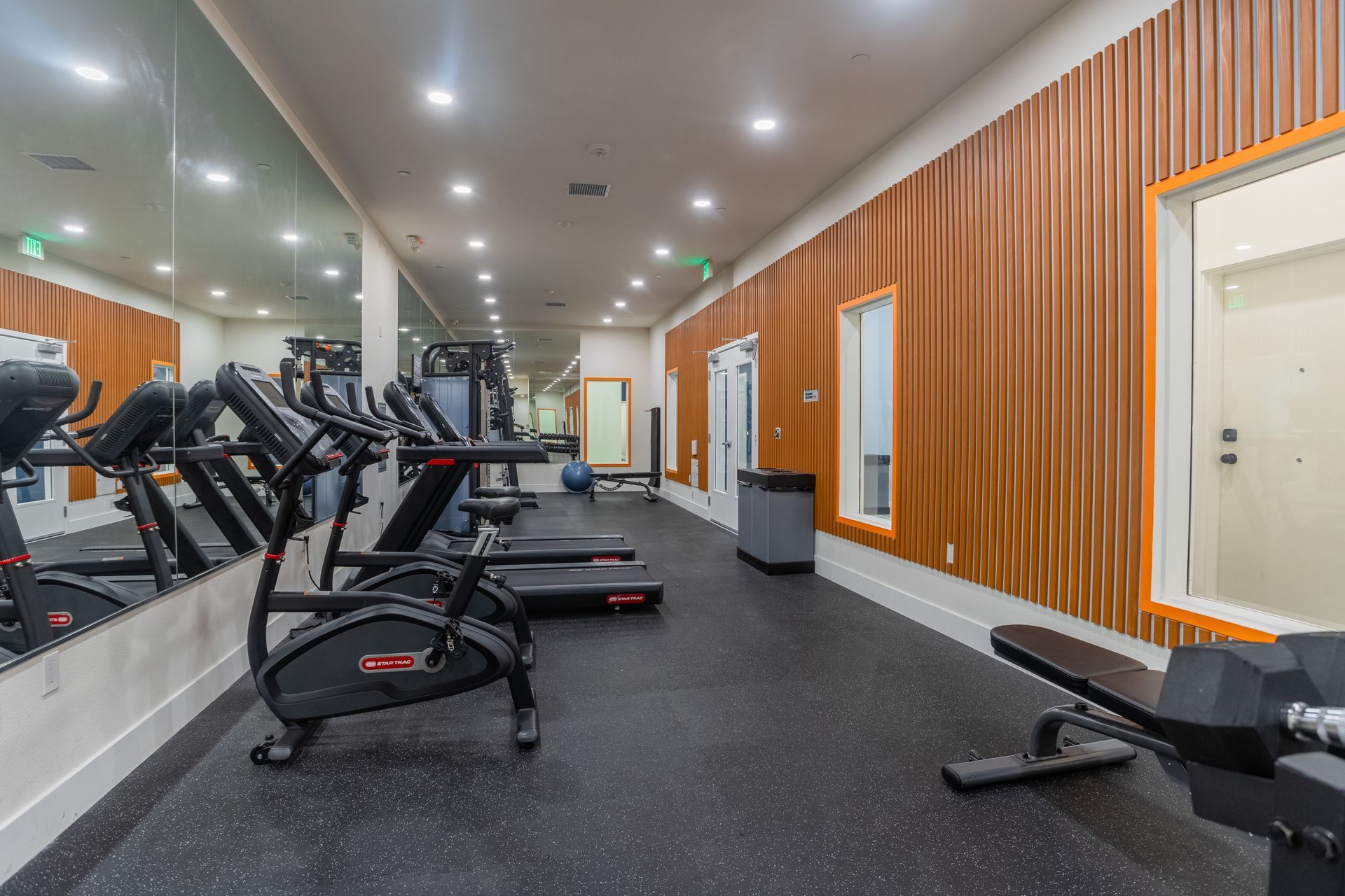 A gym with a lot of equipment and a lot of mirrors.