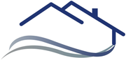 Logo con la linea del tetto di una casa blu e linee ondulate grigie e verdi sottostanti.
