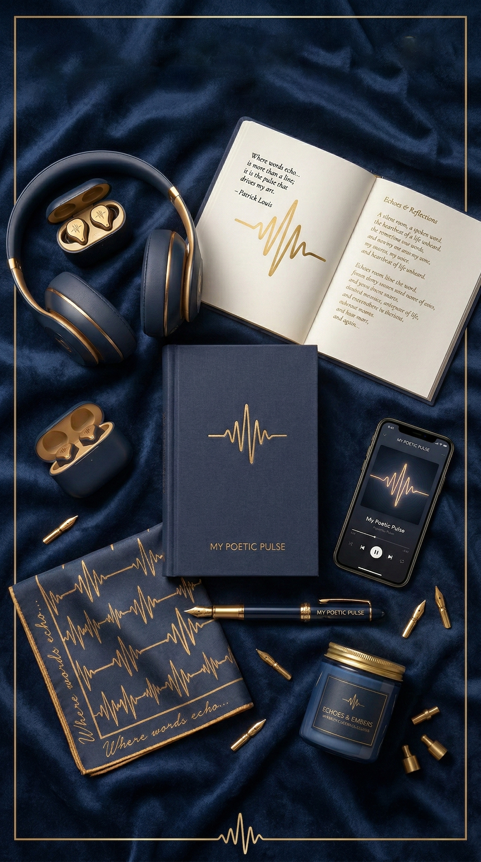 Navy blue and gold luxury gift set: headphones, earbuds, journal, phone, pen, candle, and handkerchief.