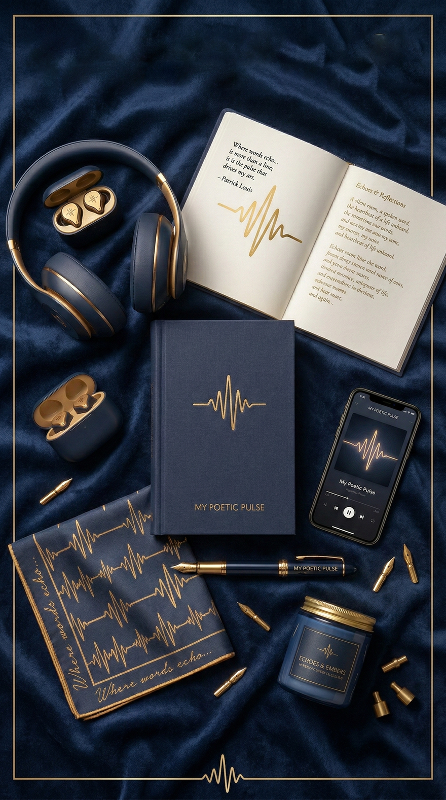 Navy blue and gold luxury gift set: headphones, earbuds, journal, phone, pen, candle, and handkerchief.
