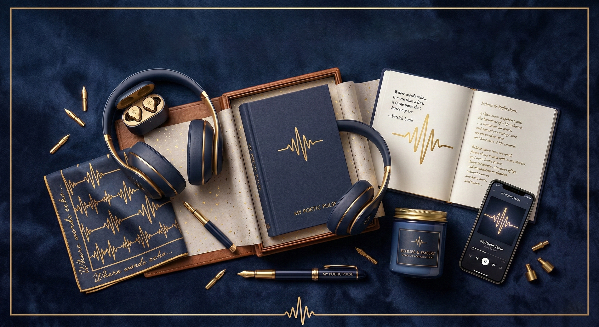 Arrangement of dark blue and gold accessories: headphones, journal, earbuds, phone, pen, on a blue cloth.