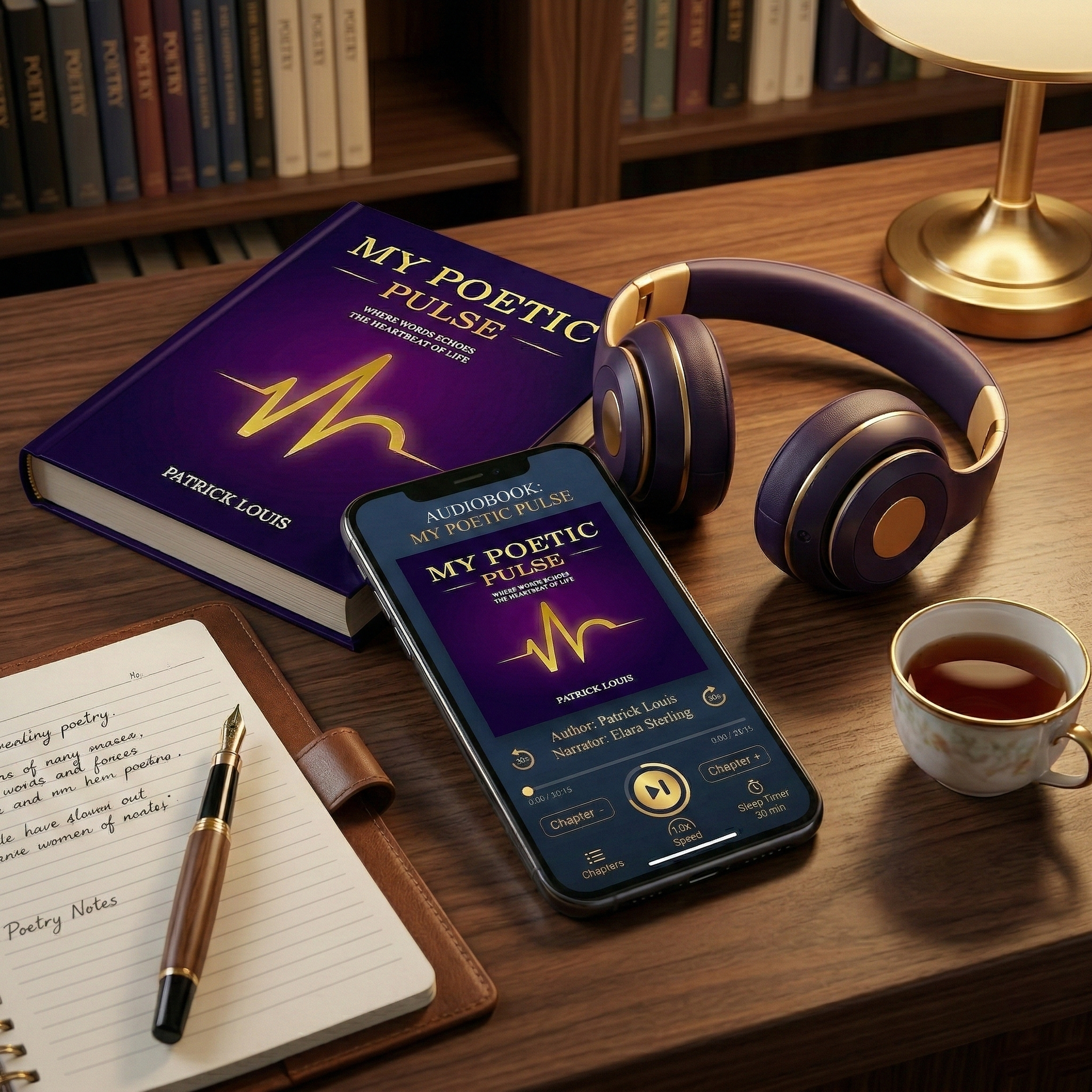 Book, phone, headphones, tea cup, and notebook on a wooden desk with a lamp and bookshelf in the background.