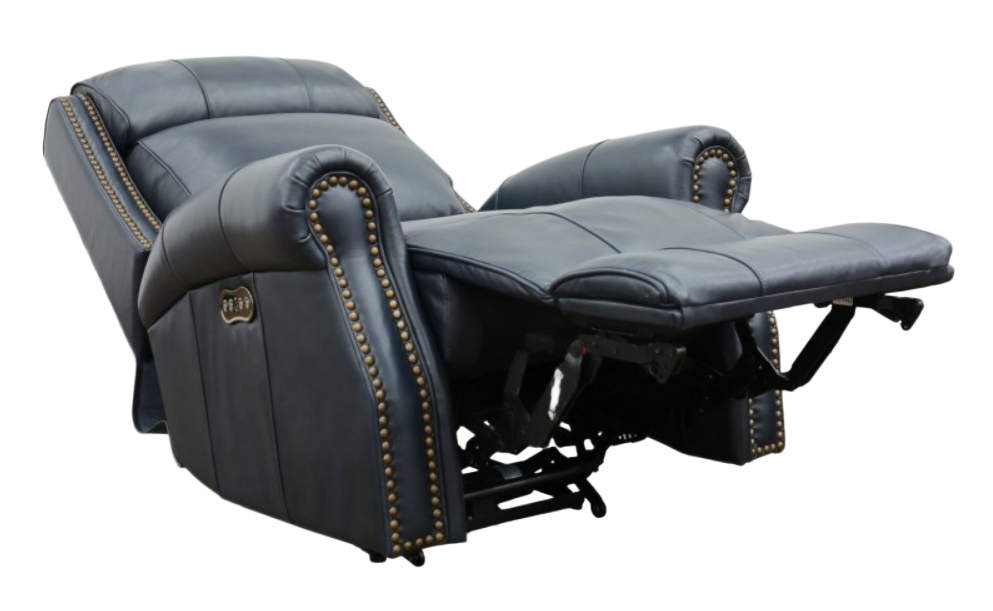 Dark gray leather recliner with nailhead trim; footrest extended.