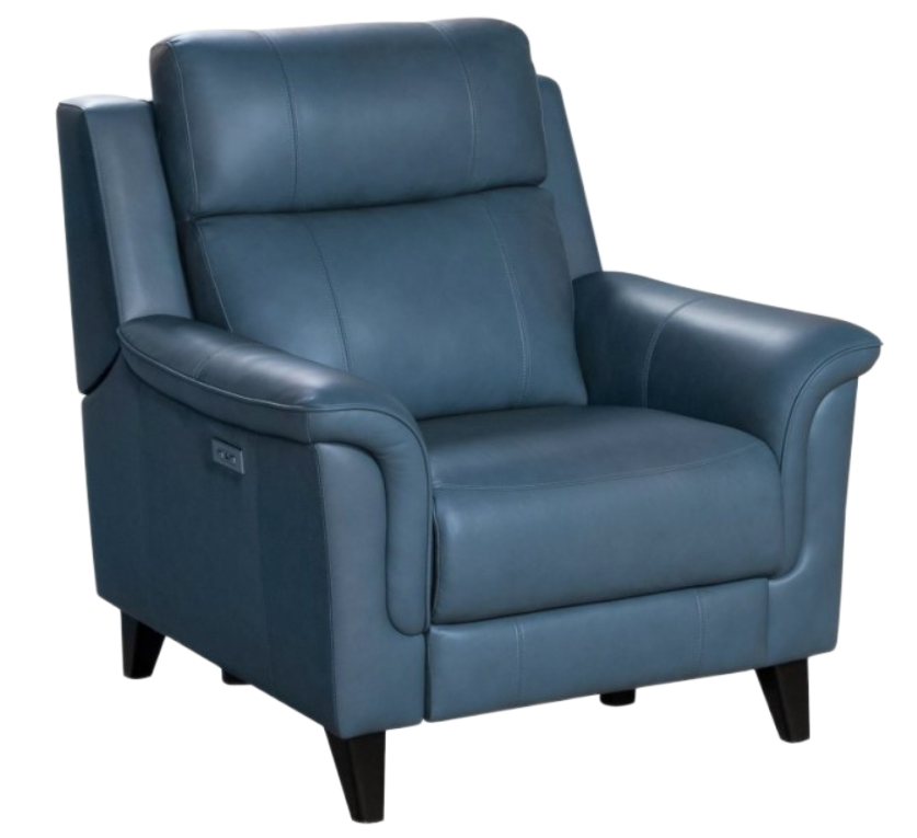 Blue leather recliner armchair with black legs.
