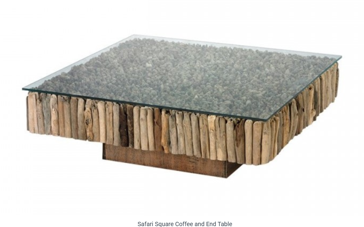 Square coffee table with driftwood sides and a glass top.