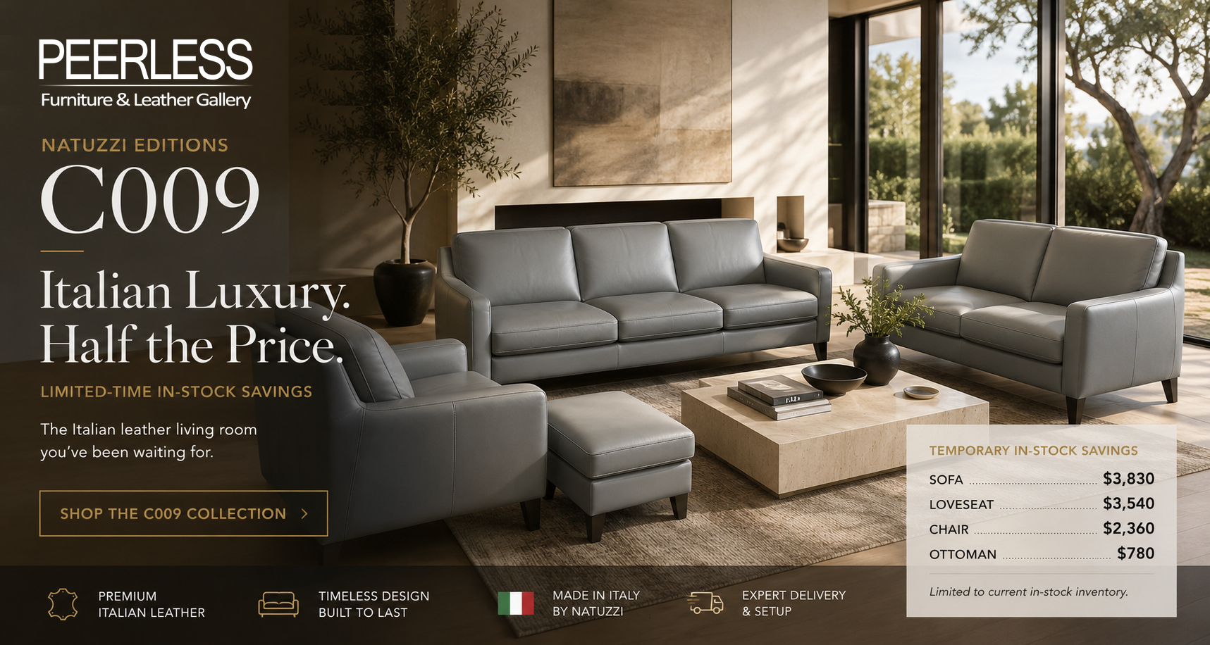 Natuzzi Quiete C009 | 50% OFF Sofa, Loveseat, Chair and Ottoman